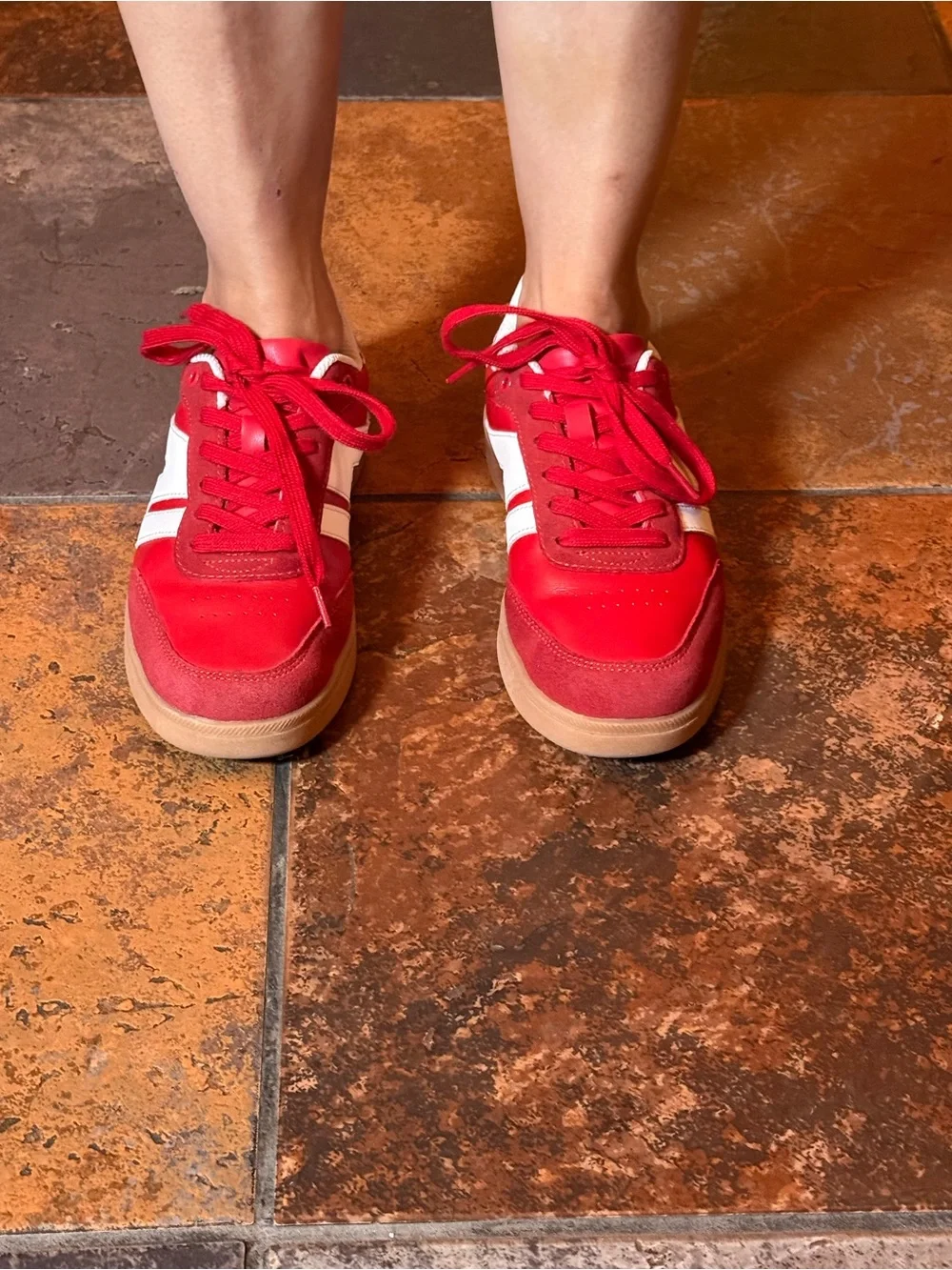 Women Red Athletic Sneakers with White Stripe
